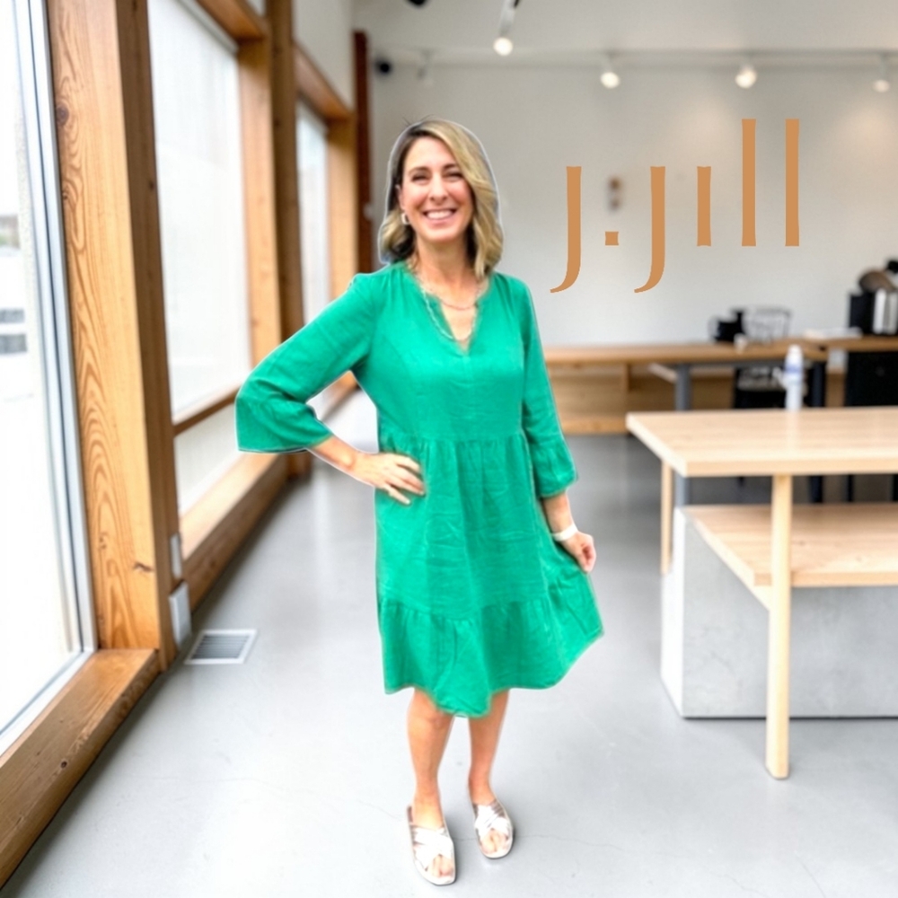 J.Jill Emerald Green Linen-blend Long Sleeve Tiered Popover Dress Knee-length XS
